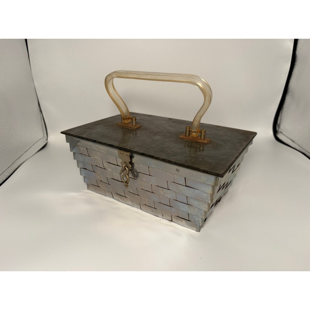 Vintage Woven Metal Box Clutch with Lucite Handle | 1950s Evening Bag - Picture 4 of 8